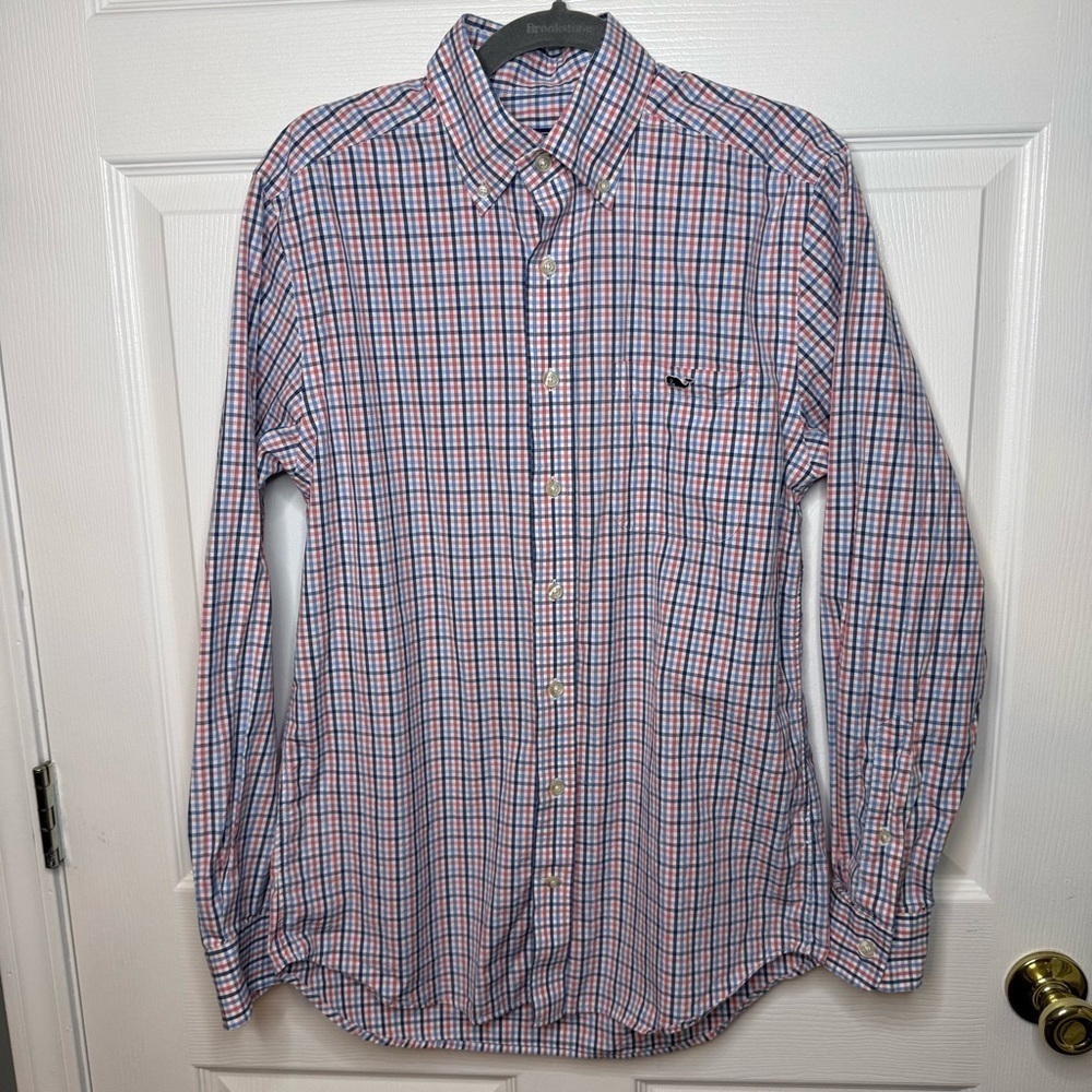 Vineyard Vines Men's Slim Fit Tucker Shirt Blue and Red Checkers 100% Cotton GUC